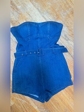 Strapless Denim Bermuda Shorts Romper in Dark Blue